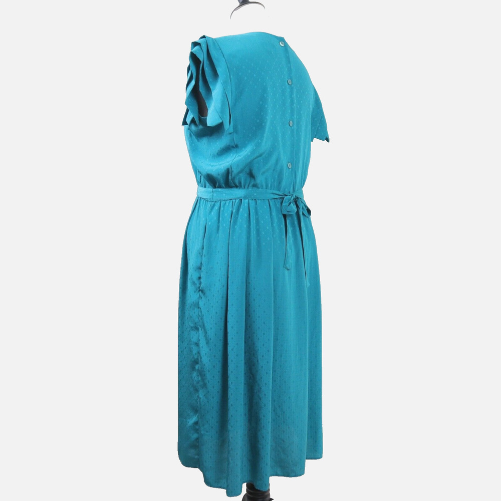 Vintage 1980s Sunshine Alley Size 12 Ruffle Sleeve Dress Teal Satin - Picture 3 of 10